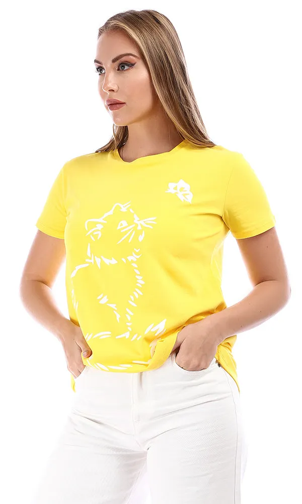 95037 High Low Printed Scoop Neck T-Shirt - Yellow