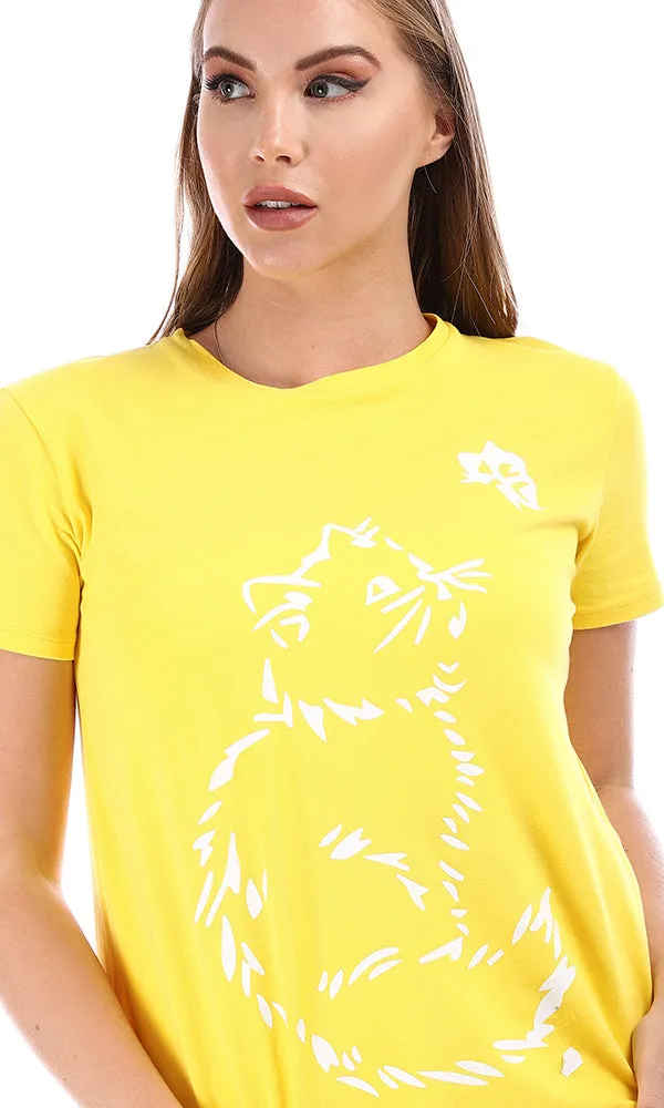 95037 High Low Printed Scoop Neck T-Shirt - Yellow