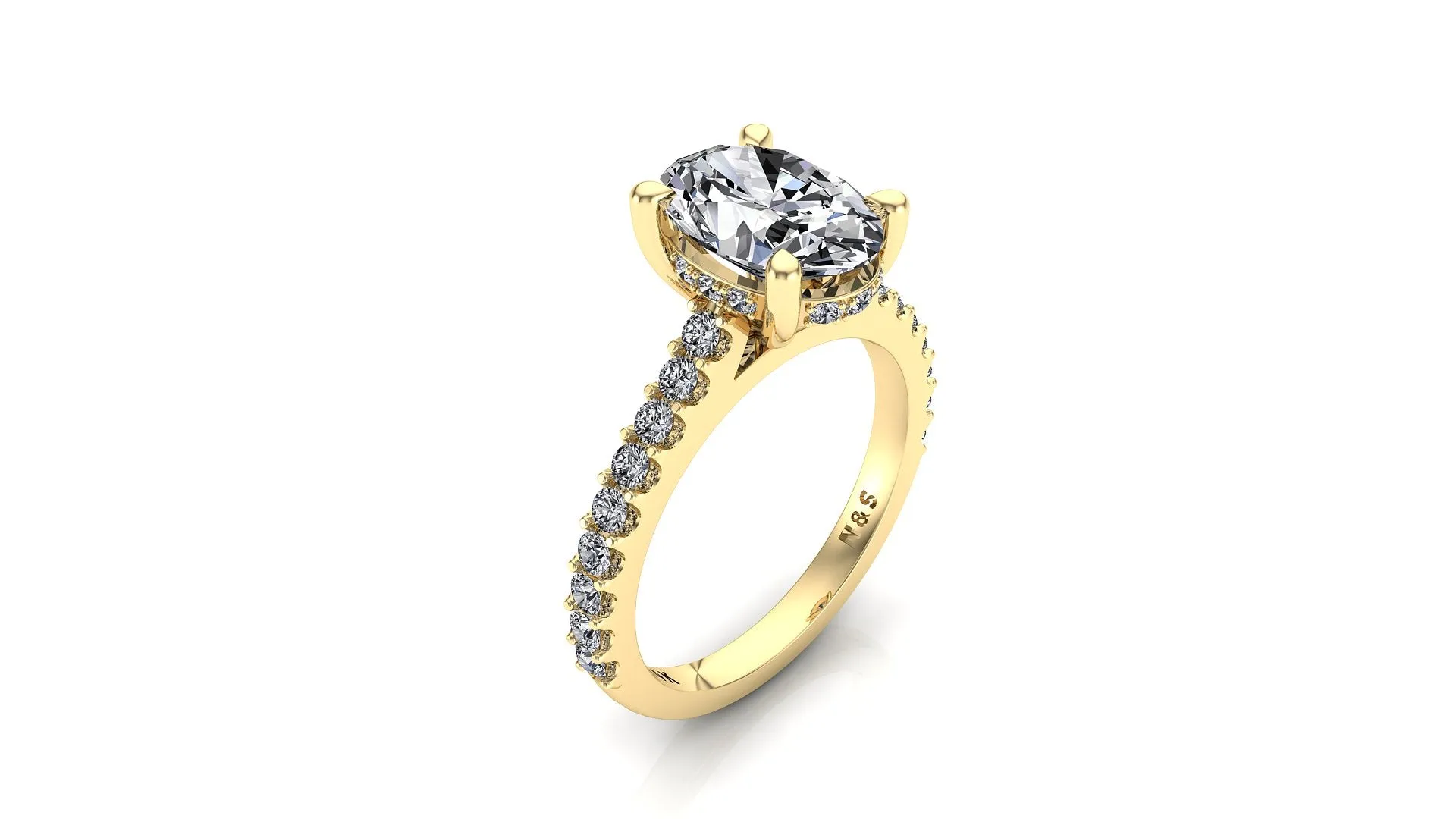 9x7mm (2.10ct) ForeverOne Oval Moissanite Under Halo in 1.8mm Jennifer Diamond Engagement Ring 14K Gold MOENG034