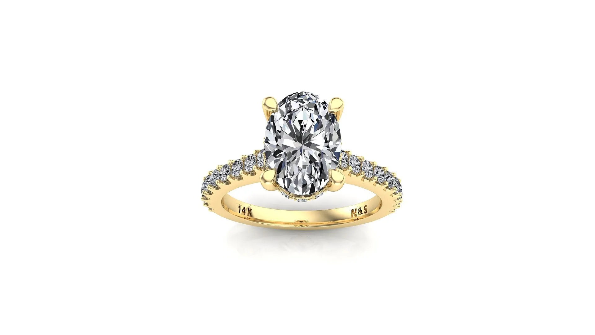 9x7mm (2.10ct) ForeverOne Oval Moissanite Under Halo in 1.8mm Jennifer Diamond Engagement Ring 14K Gold MOENG034