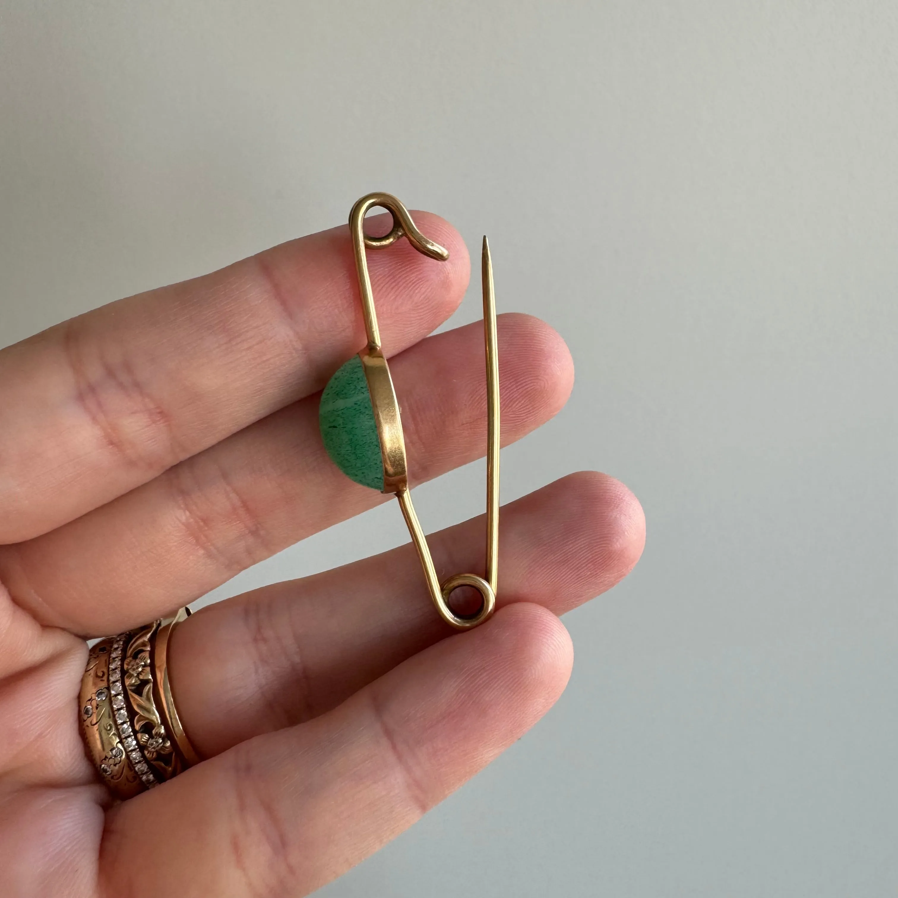 A N T I Q U E // making connections / 14k yellow gold and aventurine safety pin / charm holder or sweater pin or chain extender or clasp or ...