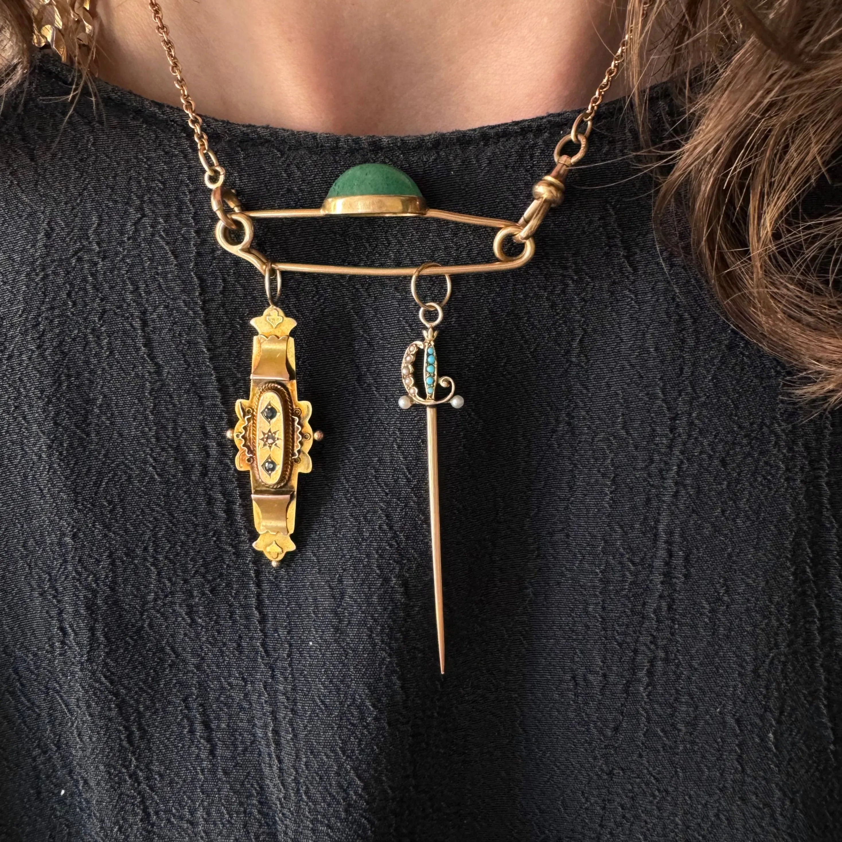 A N T I Q U E // making connections / 14k yellow gold and aventurine safety pin / charm holder or sweater pin or chain extender or clasp or ...