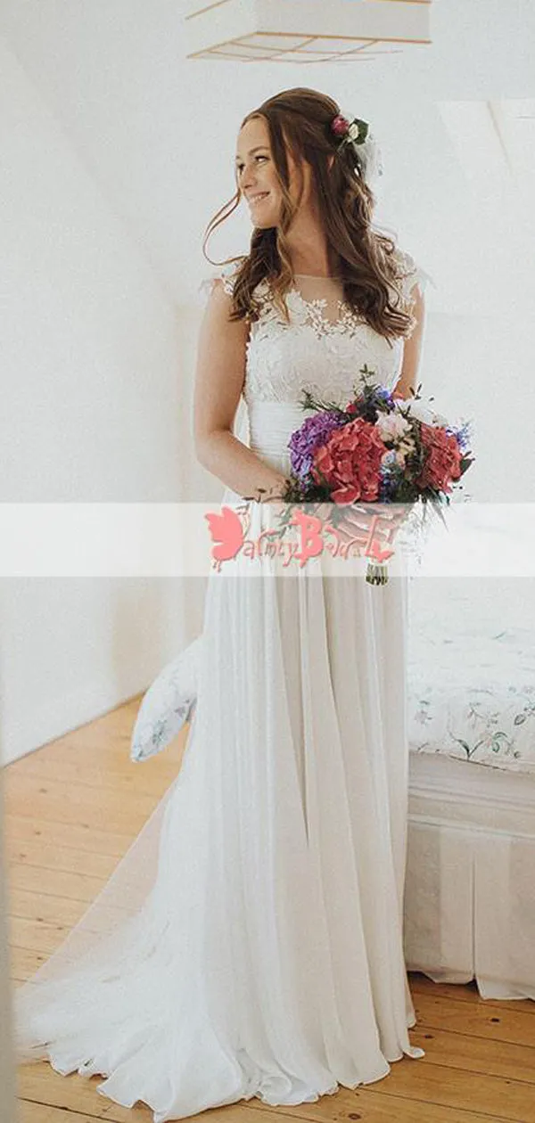 Affordable Simple Round Neck Cap Sleeve See Through Lace Top Chiffon A-line Wedding Dresses,DB0121