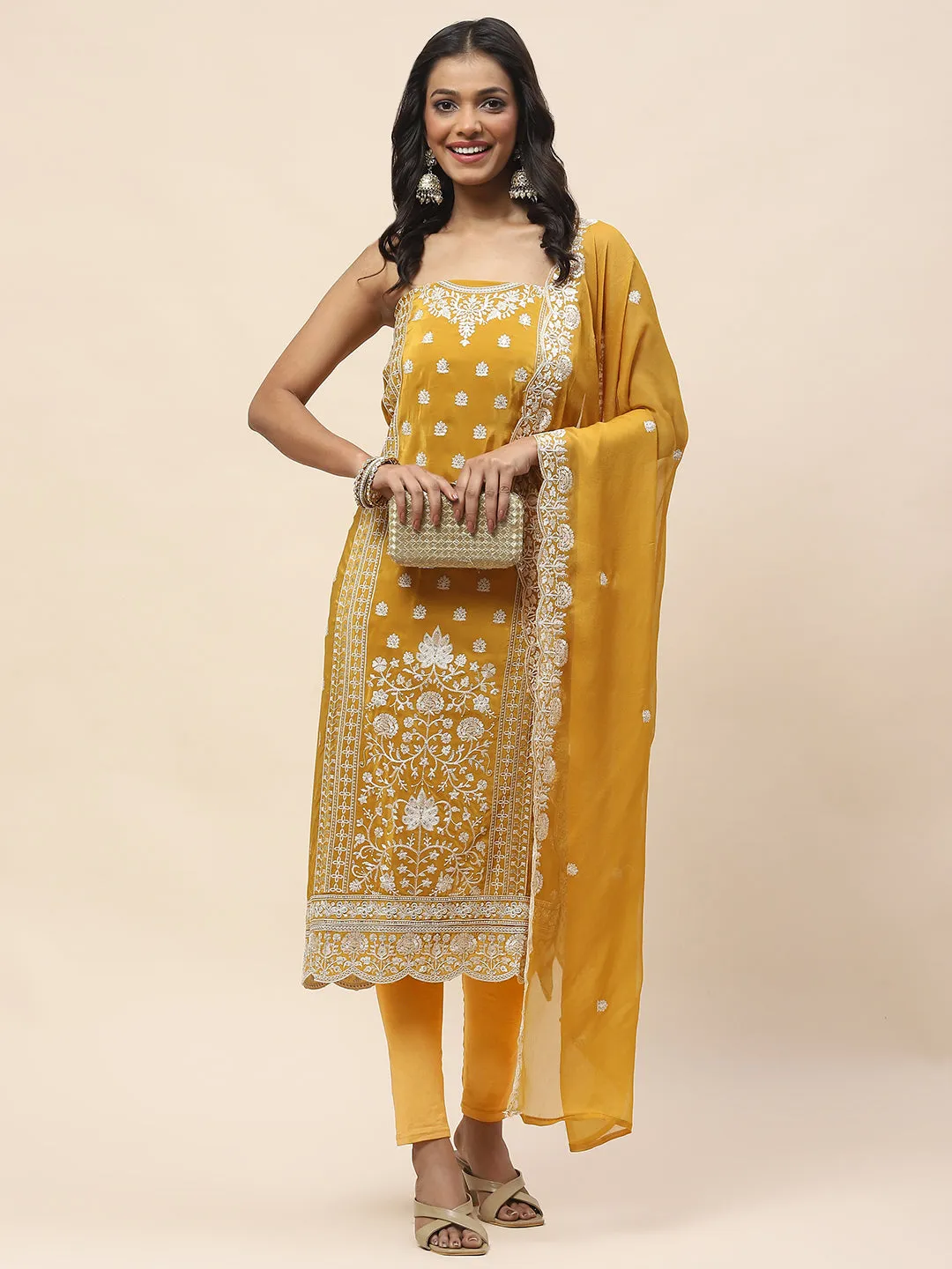 All Over Embroidery Crepe Unstitched Suit Piece With Dupatta