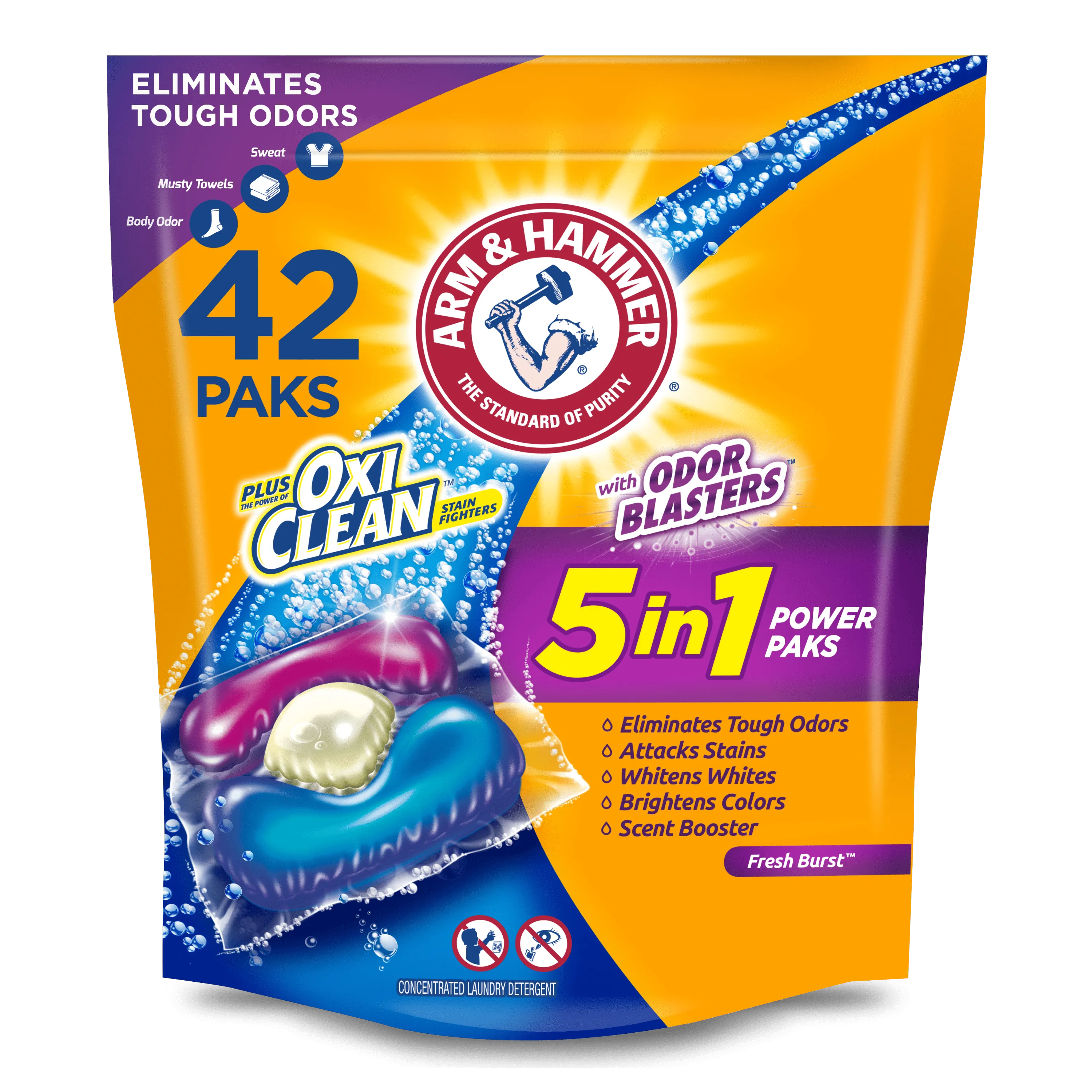 ARM & HAMMER Plus OxiClean with Odor Blasters 5-in-1 Fresh Burst Laundry Detergent Power Paks, 42 Count Bag