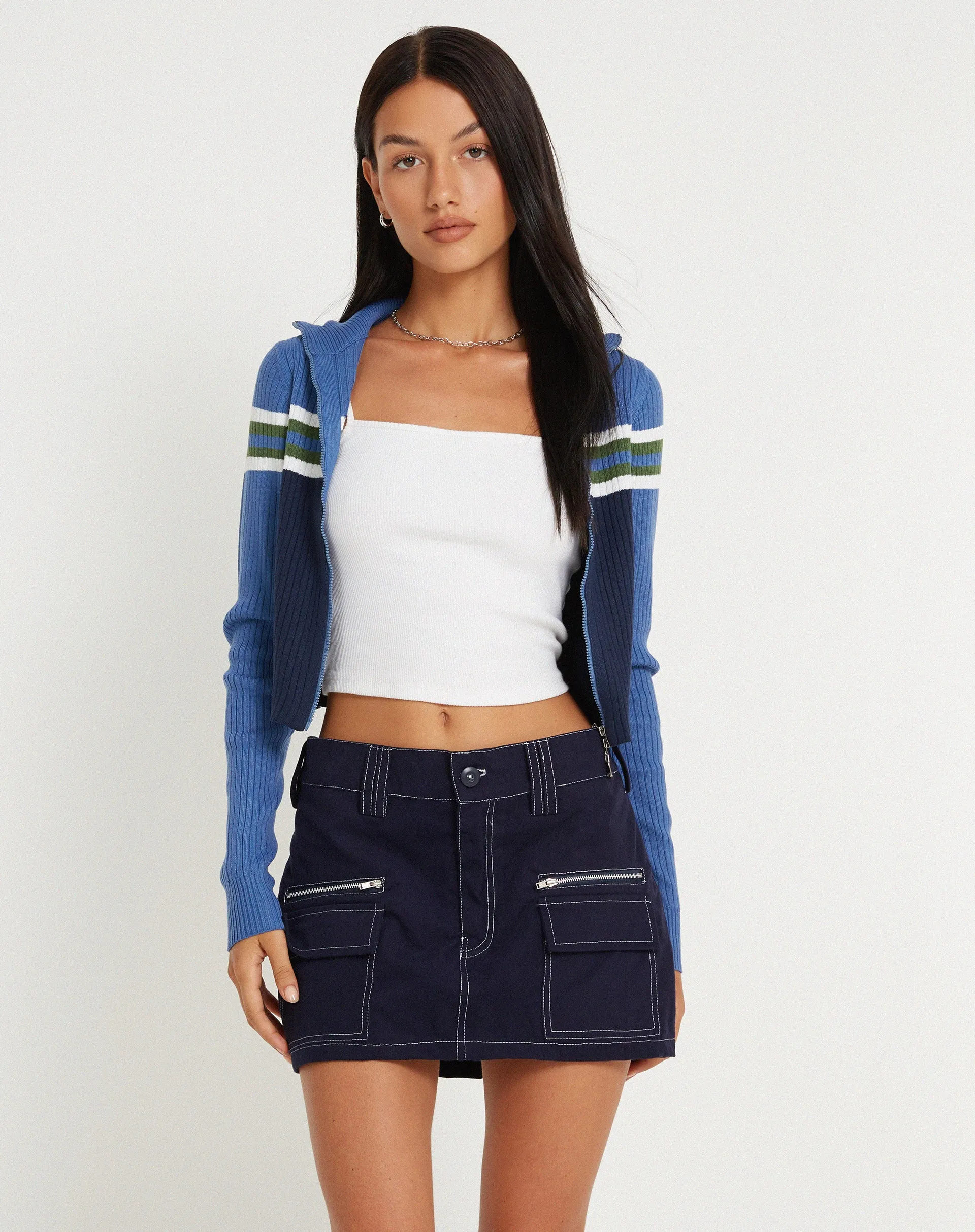 Betsy Mini Skirt in Navy with White Top Stitch