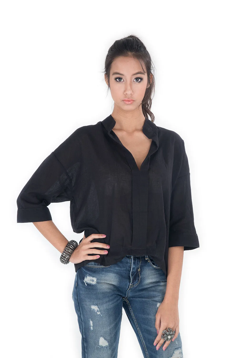 Black Blouse with Mandarin Colar