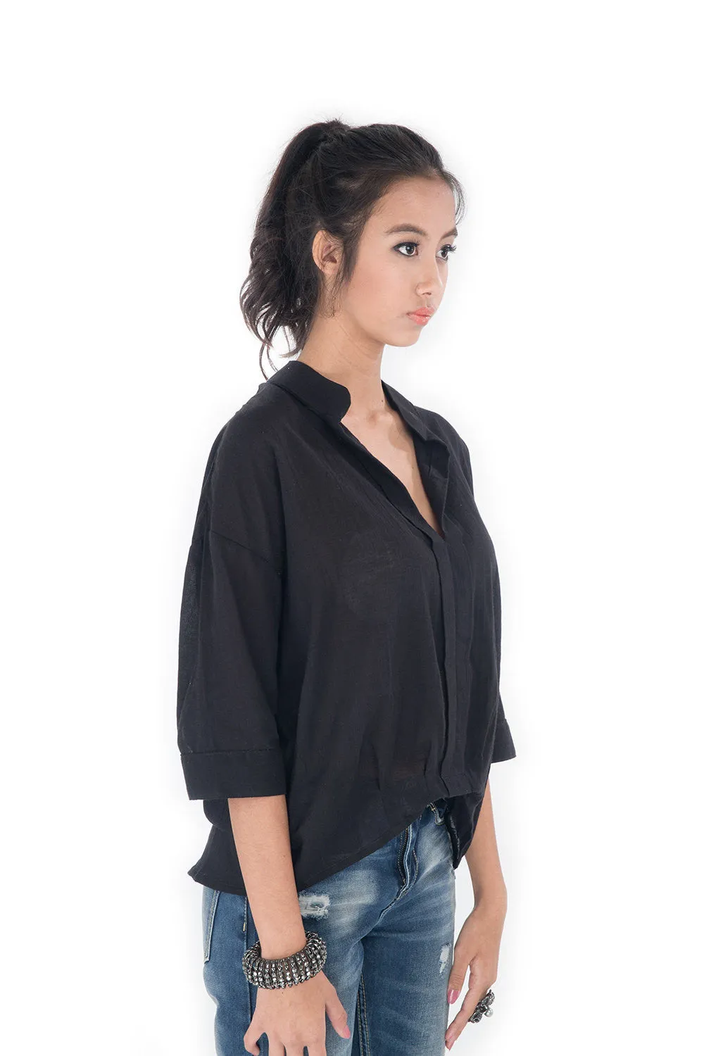 Black Blouse with Mandarin Colar