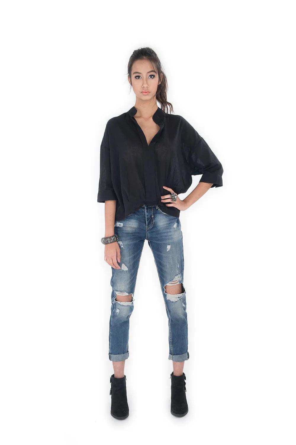 Black Blouse with Mandarin Colar