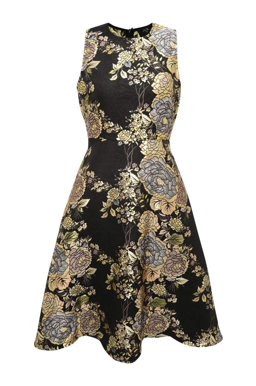 Black Floral Skater Dress with Metallic Detail