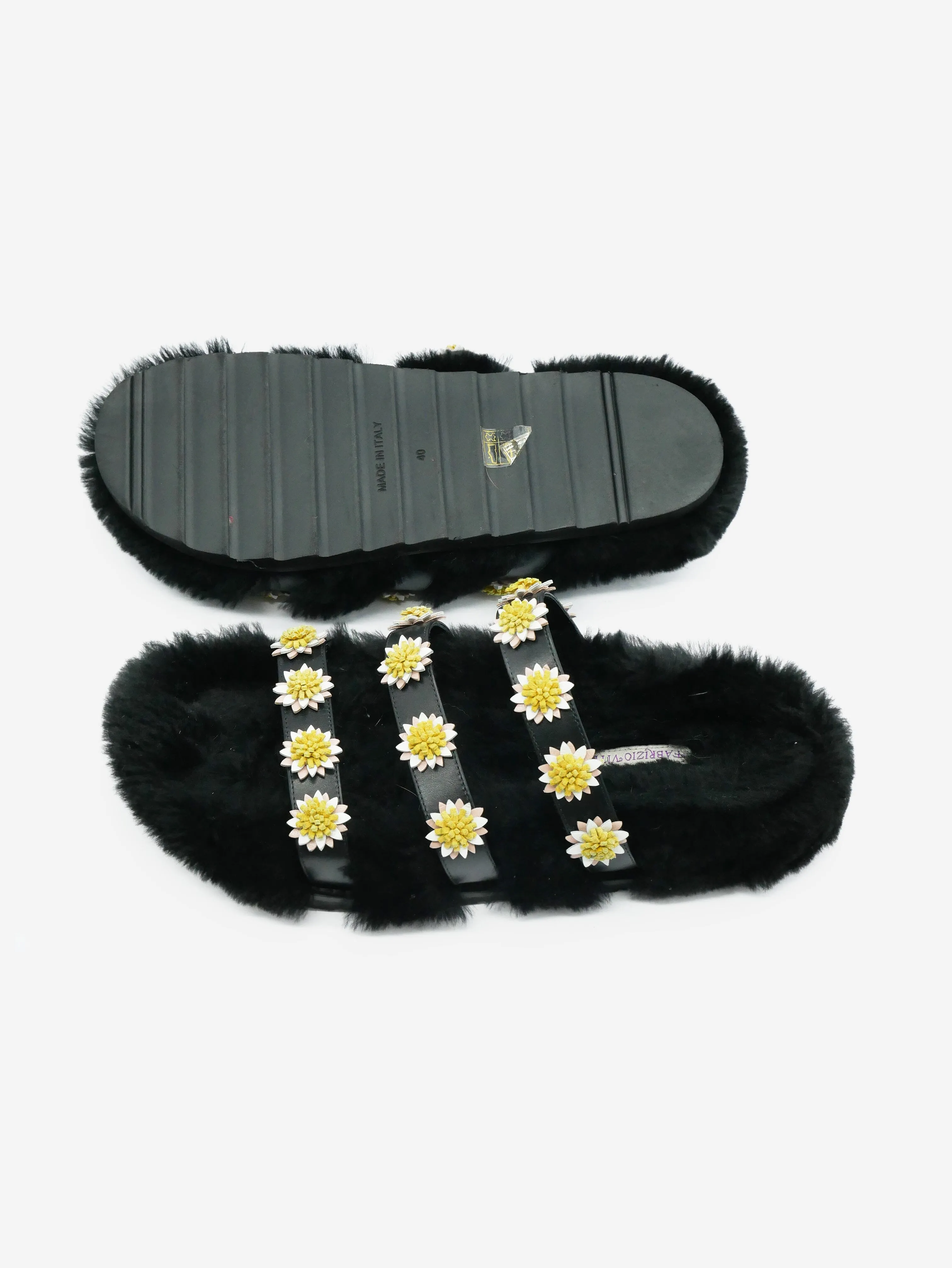 Black furry lined sandals - size EU 40