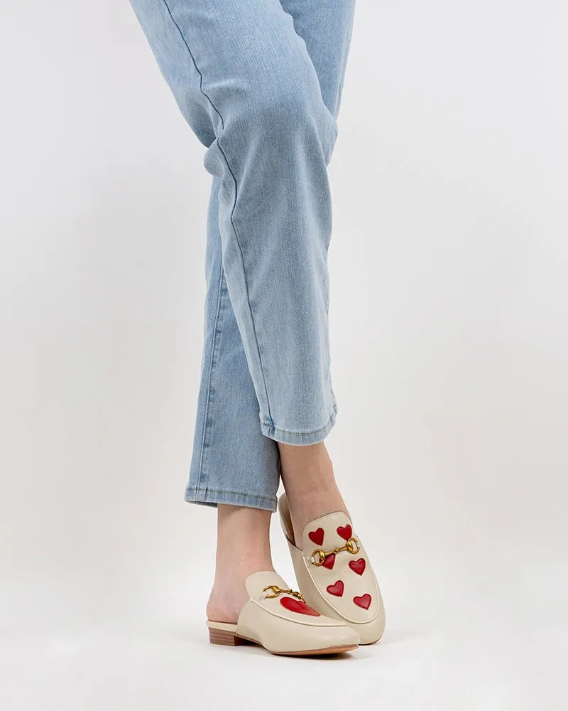 Classic Metal Buckle Heart Embroidered Slip On Backless Mules