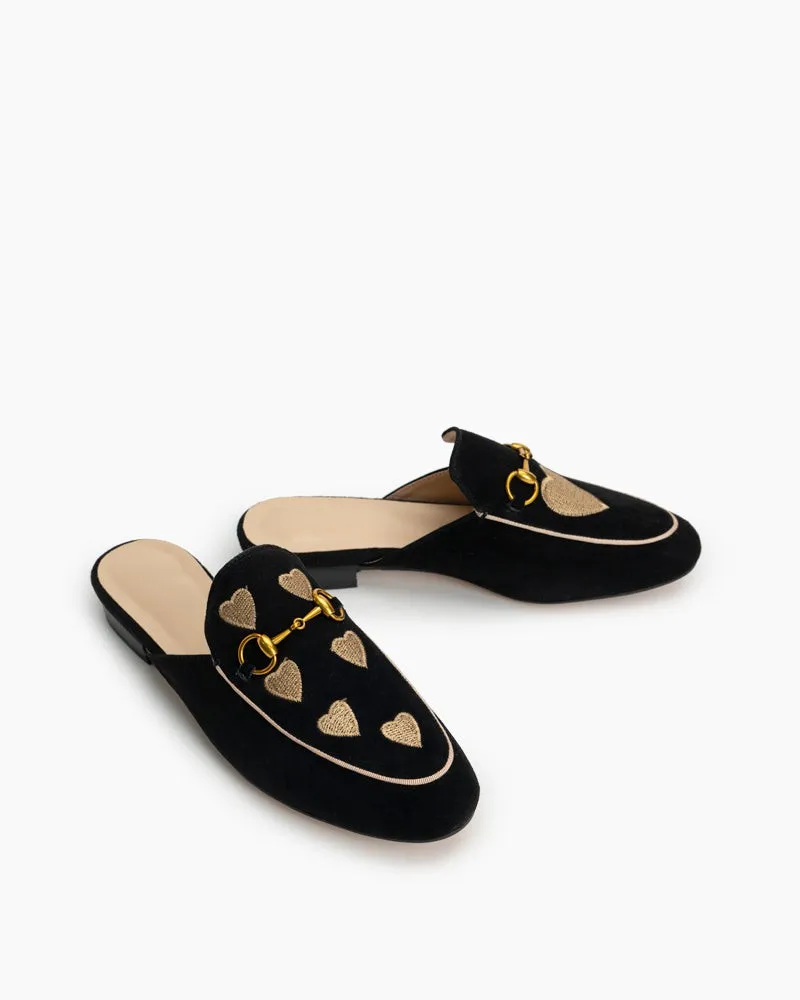 Classic Metal Buckle Heart Embroidered Slip On Backless Mules