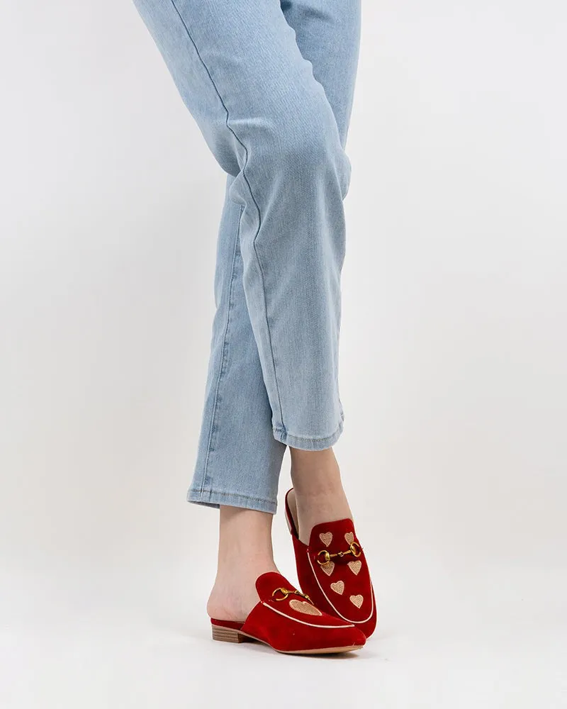 Classic Metal Buckle Heart Embroidered Slip On Backless Mules