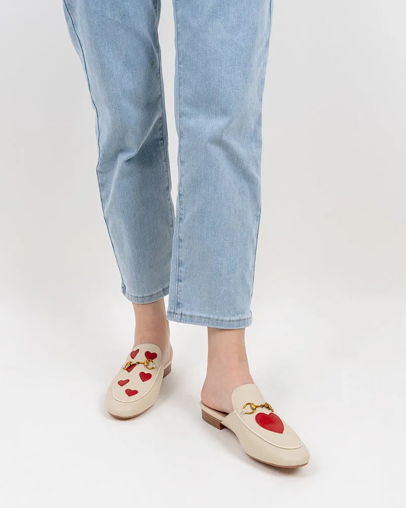 Classic Metal Buckle Heart Embroidered Slip On Backless Mules