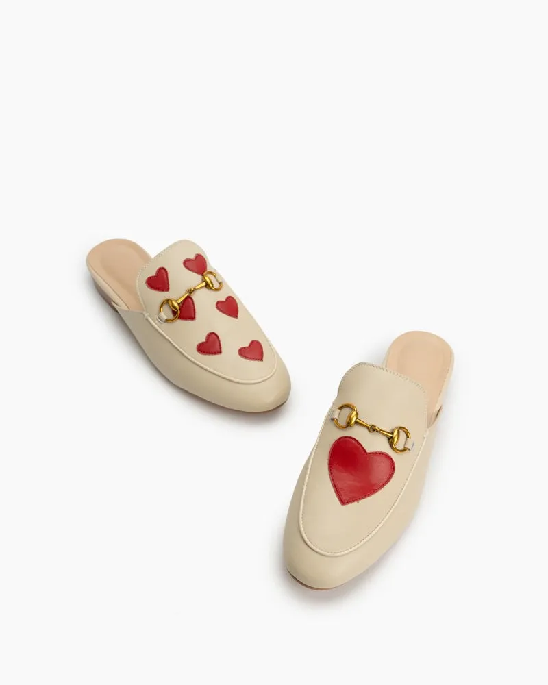 Classic Metal Buckle Heart Embroidered Slip On Backless Mules