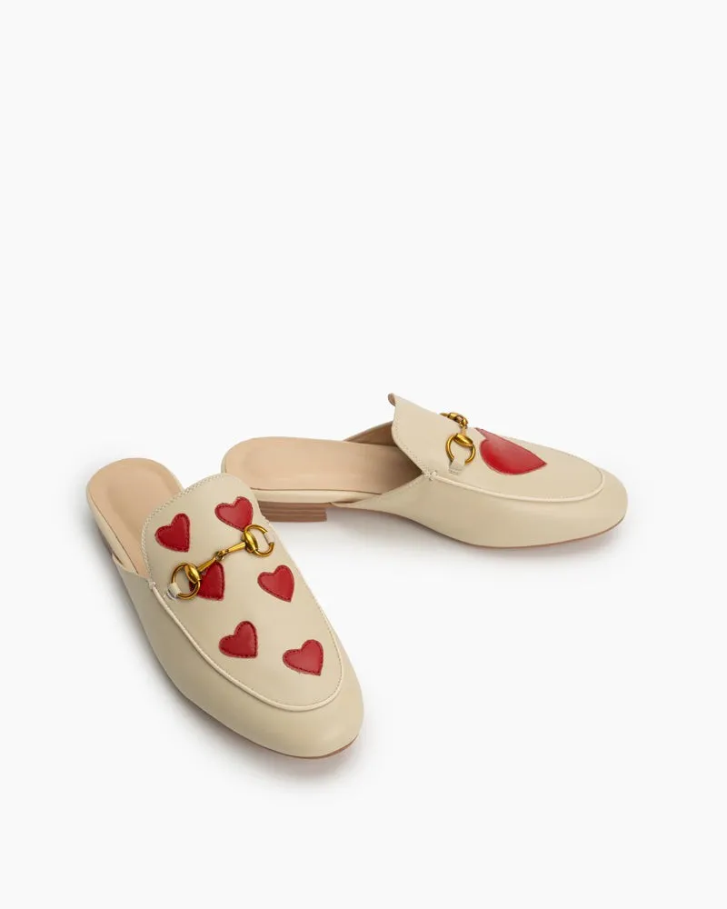 Classic Metal Buckle Heart Embroidered Slip On Backless Mules