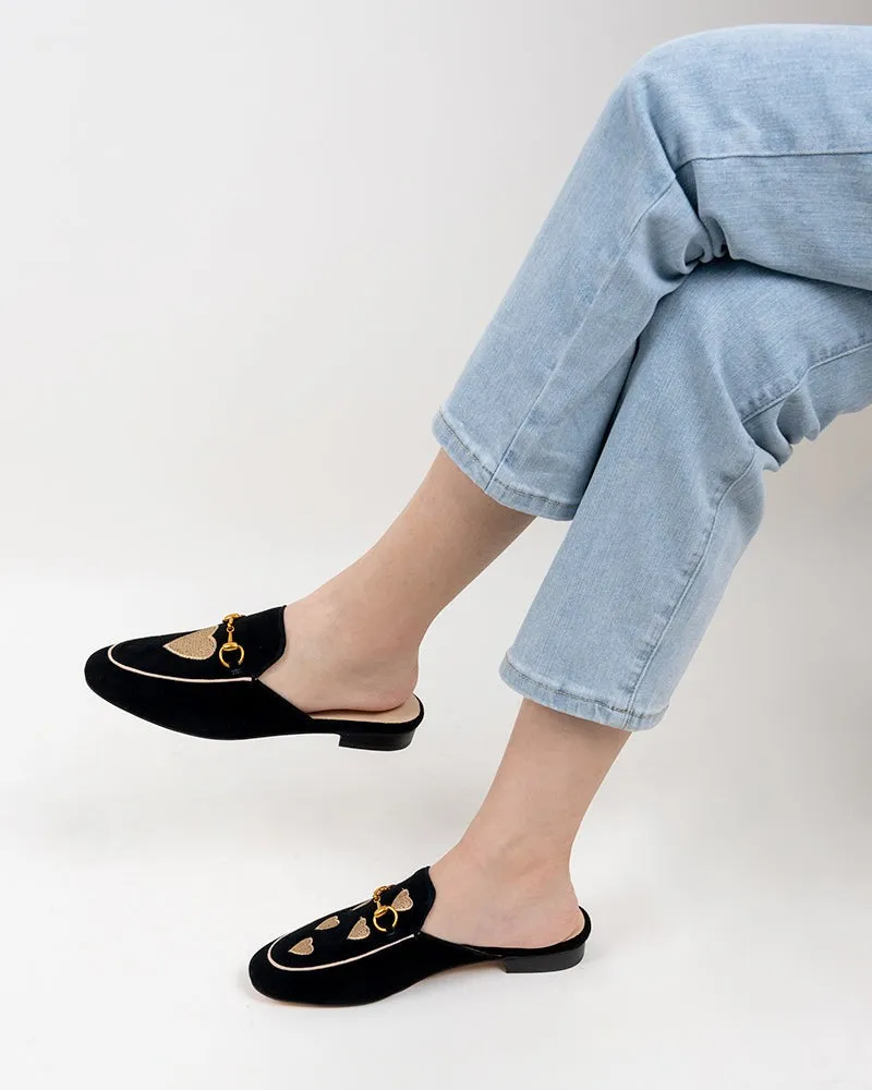 Classic Metal Buckle Heart Embroidered Slip On Backless Mules