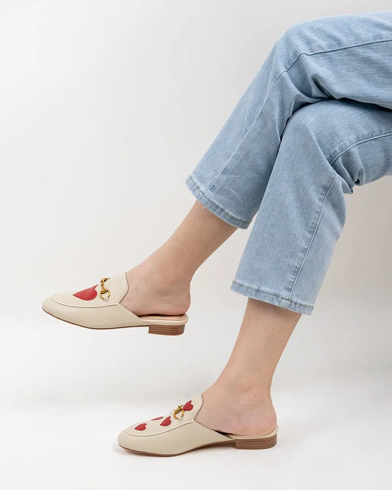 Classic Metal Buckle Heart Embroidered Slip On Backless Mules