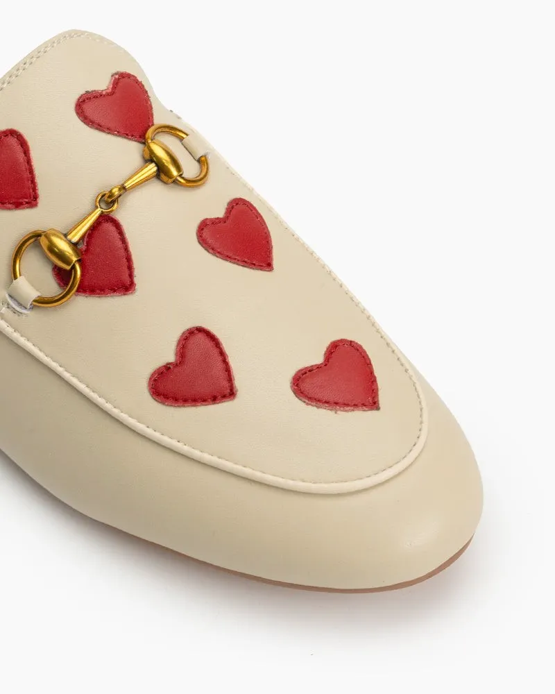 Classic Metal Buckle Heart Embroidered Slip On Backless Mules