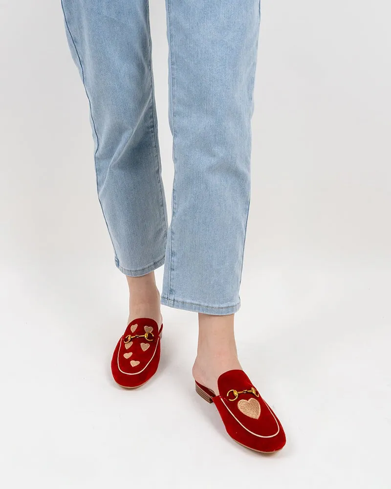 Classic Metal Buckle Heart Embroidered Slip On Backless Mules