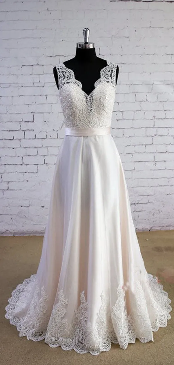 Column Sleeveless Special Wheat Color  V-Neck V-Back High Waist Lace Sweep Trailing Wedding Dresses, WD0023