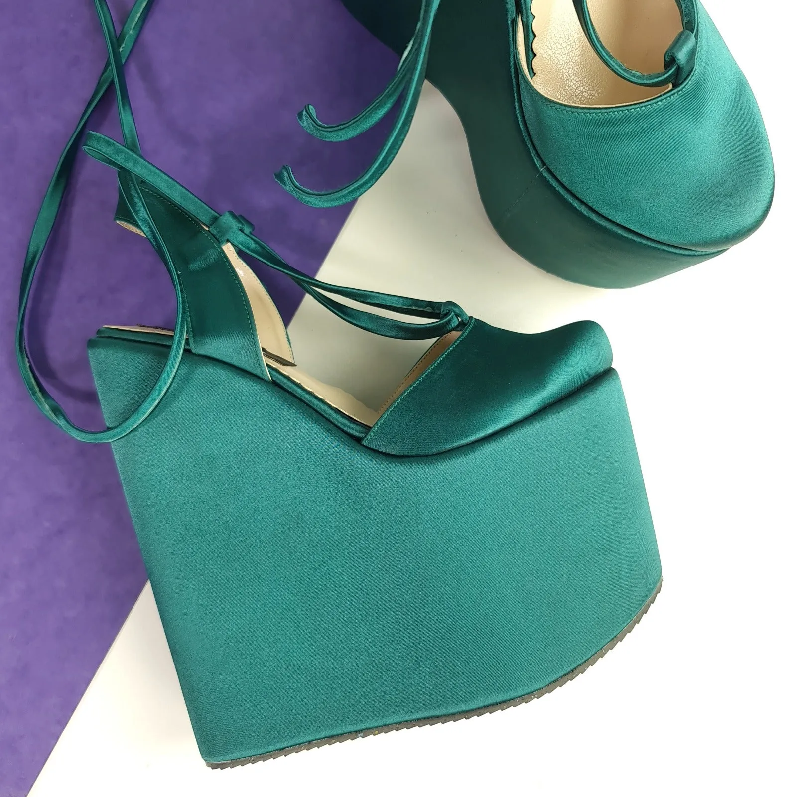 Dark Mint Green Satin Wedge Ballerina  Lace Up Sandals