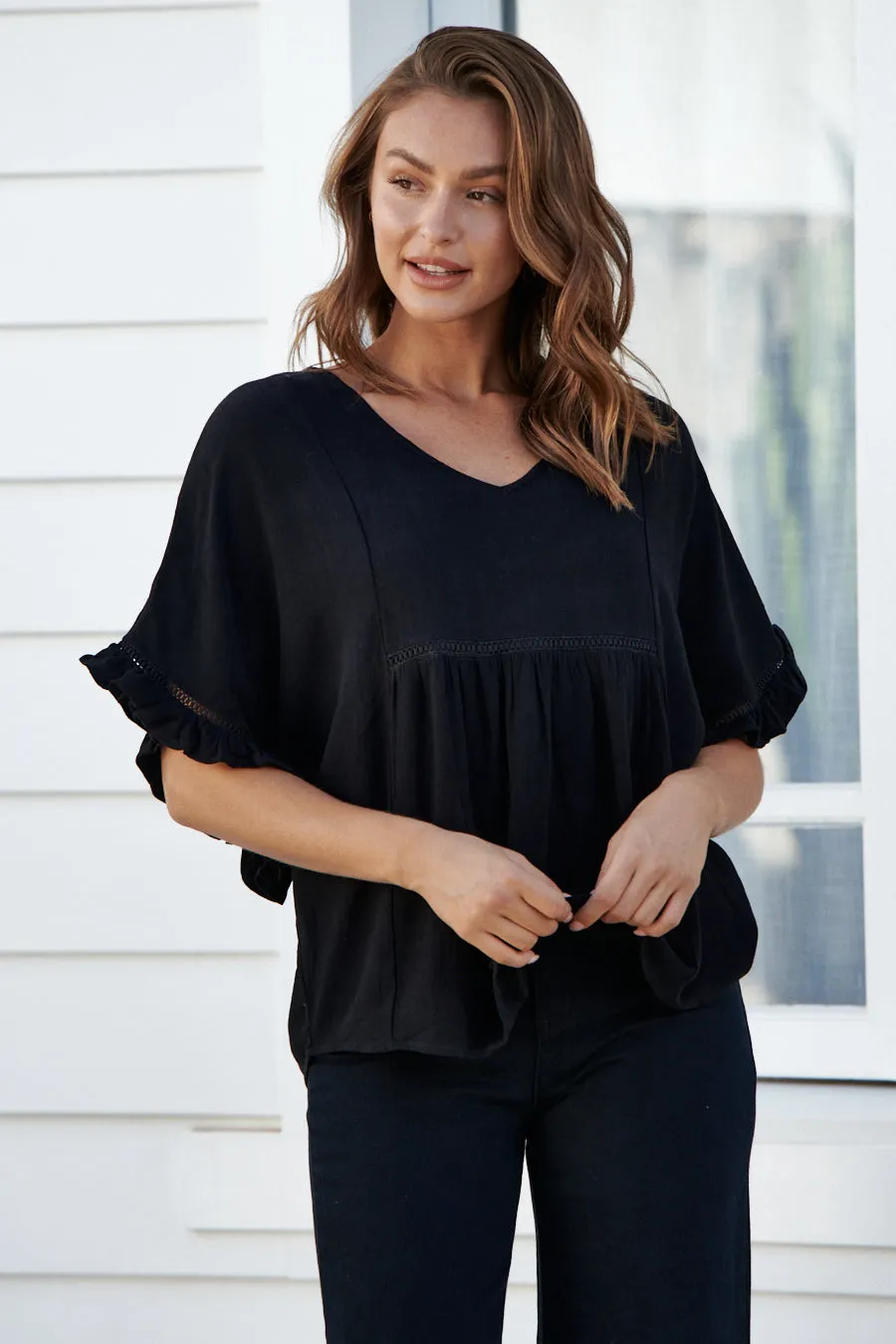 Emma Faux Linen Black Top