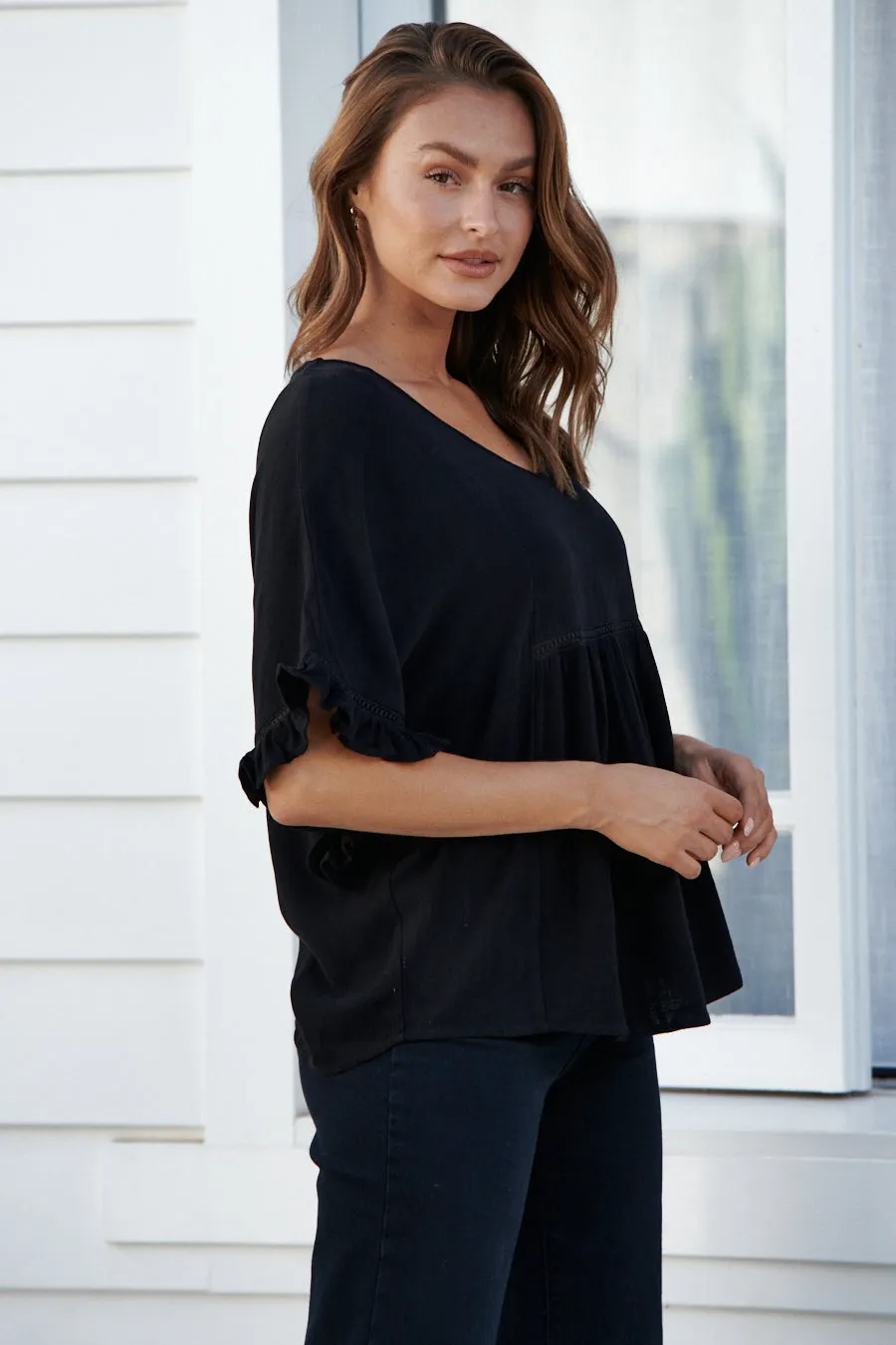 Emma Faux Linen Black Top