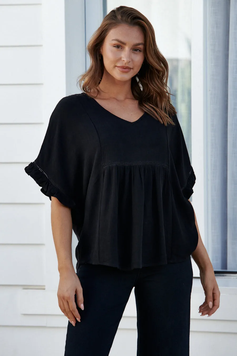 Emma Faux Linen Black Top