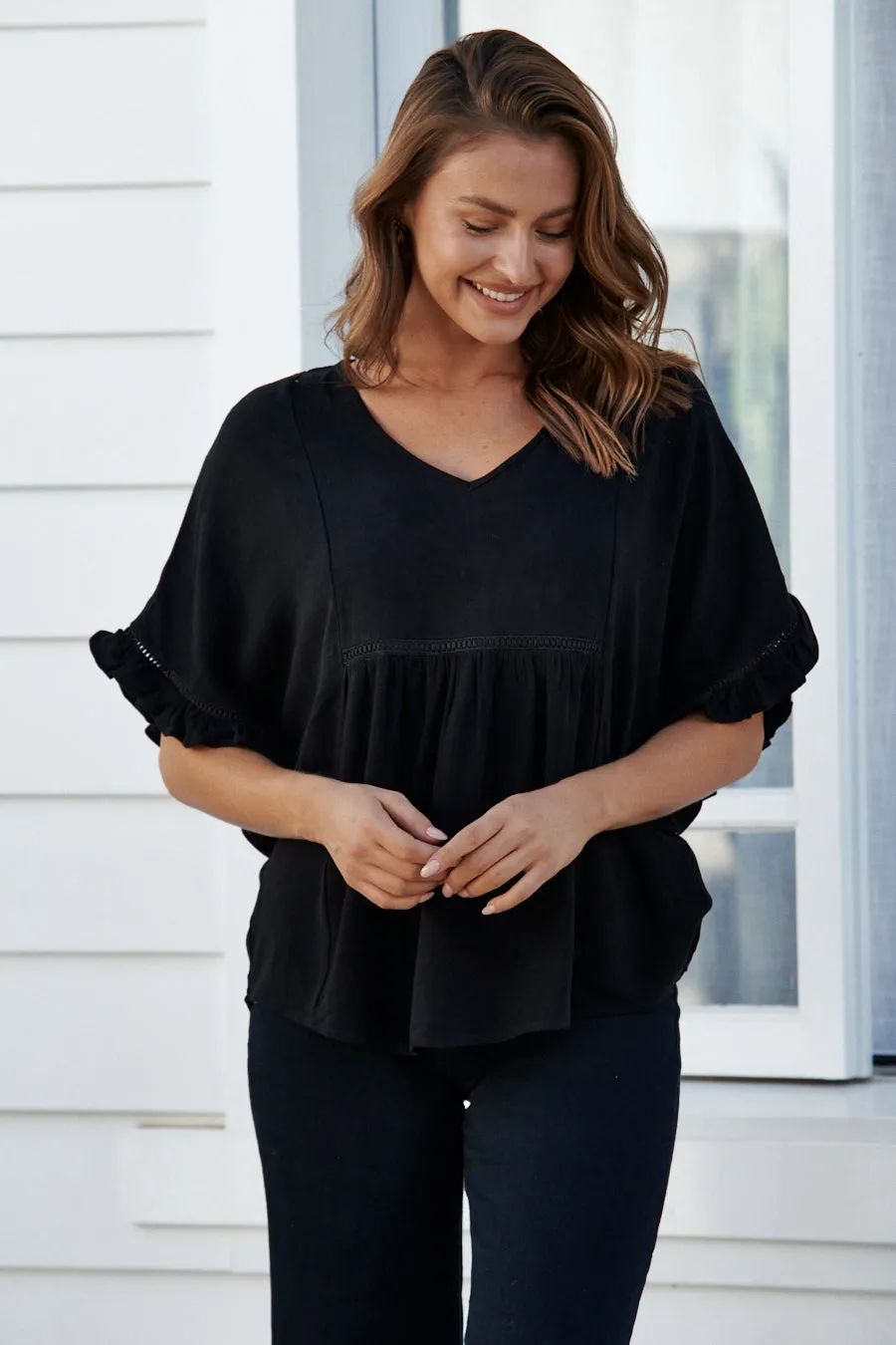 Emma Faux Linen Black Top