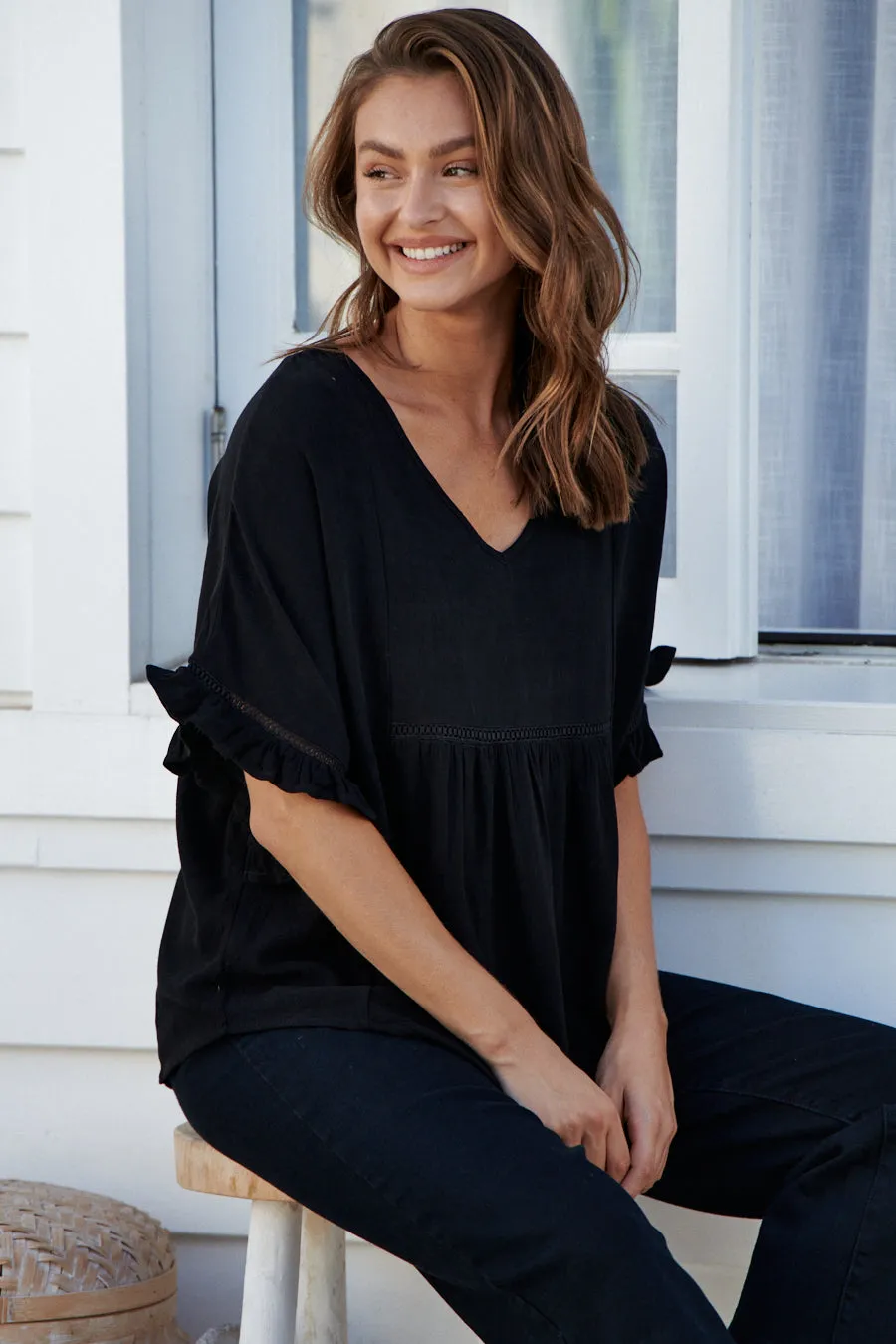 Emma Faux Linen Black Top