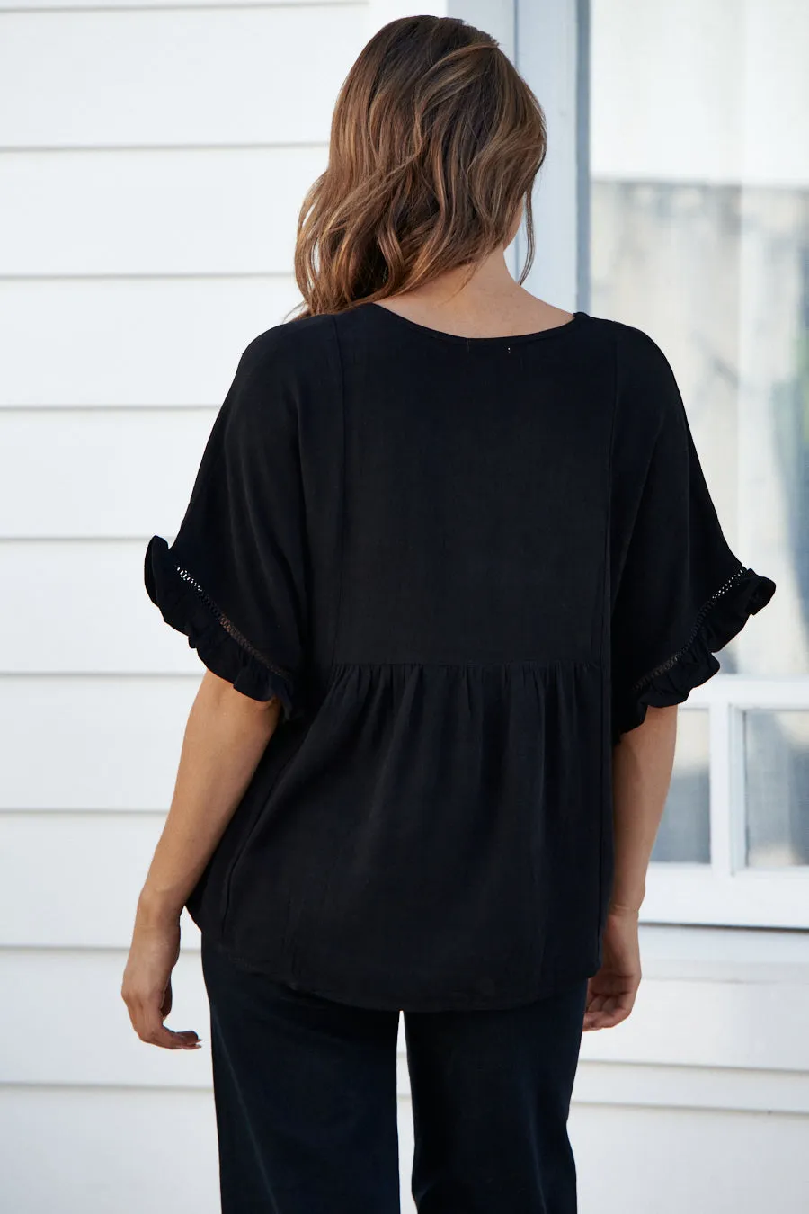 Emma Faux Linen Black Top