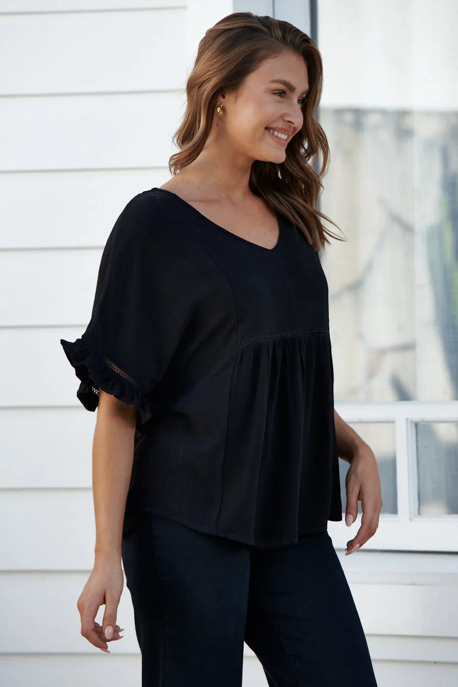 Emma Faux Linen Black Top