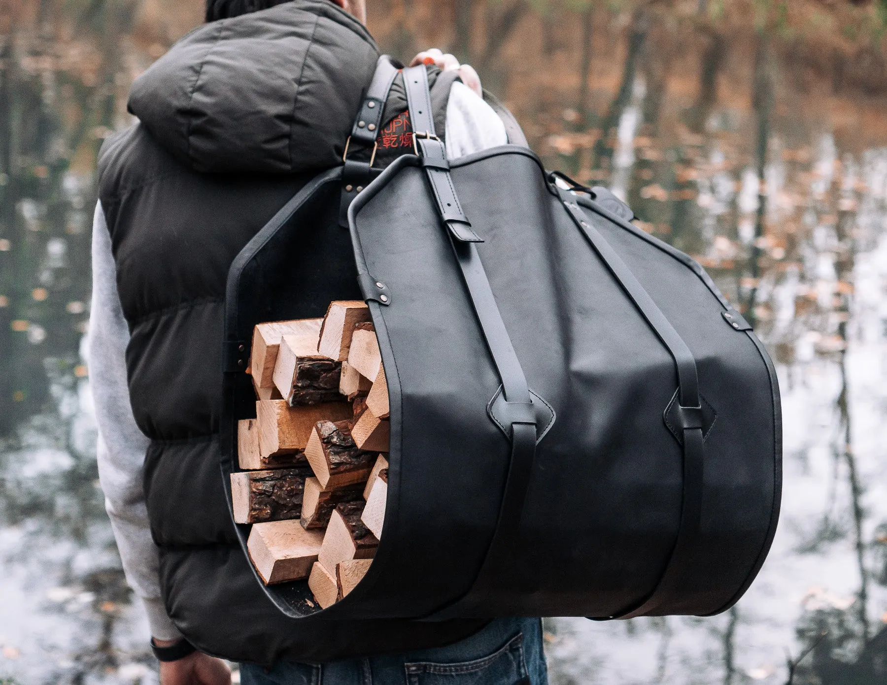 Firewood Log Carrier | Black Leather | Handcrafted | Personalised Gift