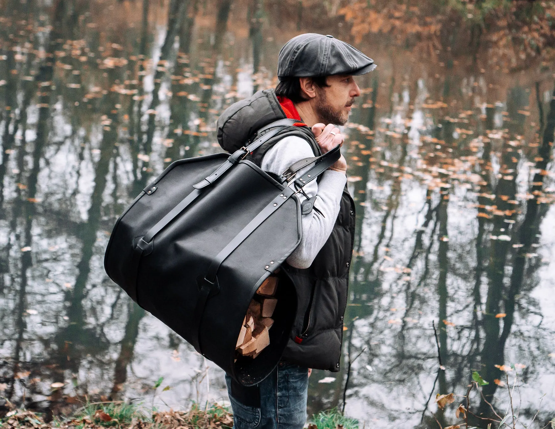 Firewood Log Carrier | Black Leather | Handcrafted | Personalised Gift