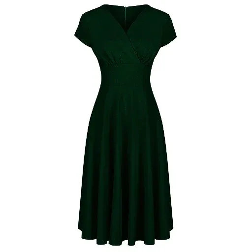 Forest Green A Line Vintage Crossover Capped Sleeve Tea Swing Dress