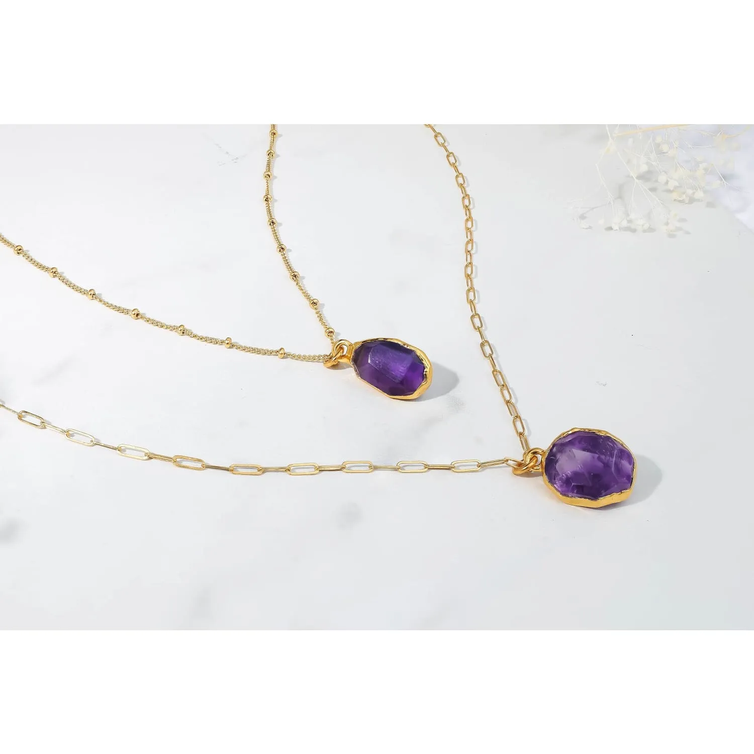 Geo Raw Amethyst Necklace with Paperclip Chain