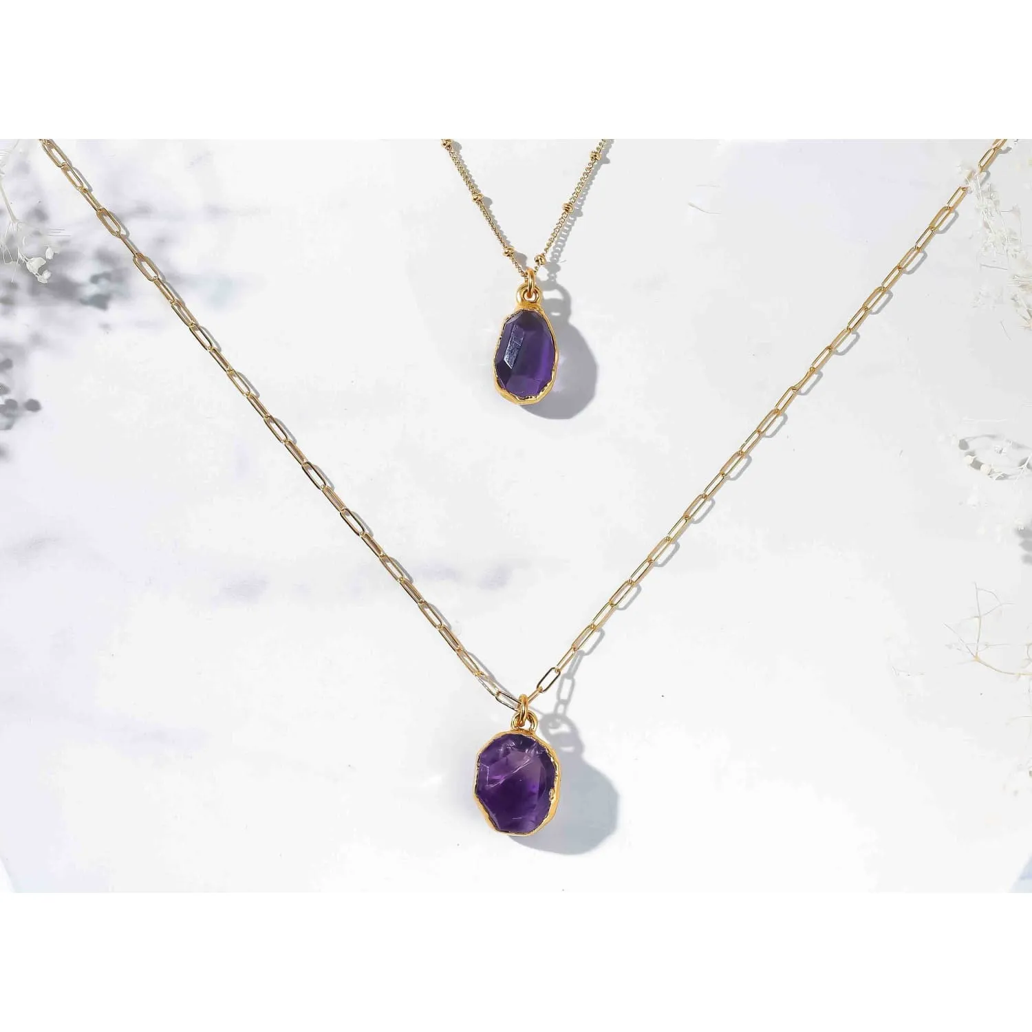 Geo Raw Amethyst Necklace with Paperclip Chain