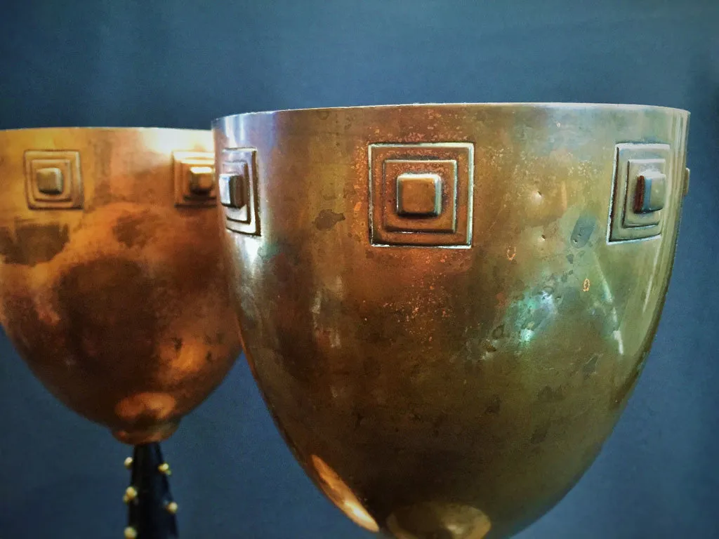 German WMF Jugenstil Copper and Wood Pair of Challises