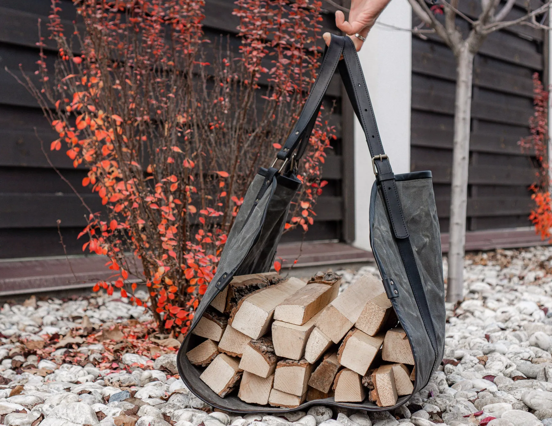 Grey Log Carrier | Waxed Canvas Firewood Carrier | Personalised Gift for men