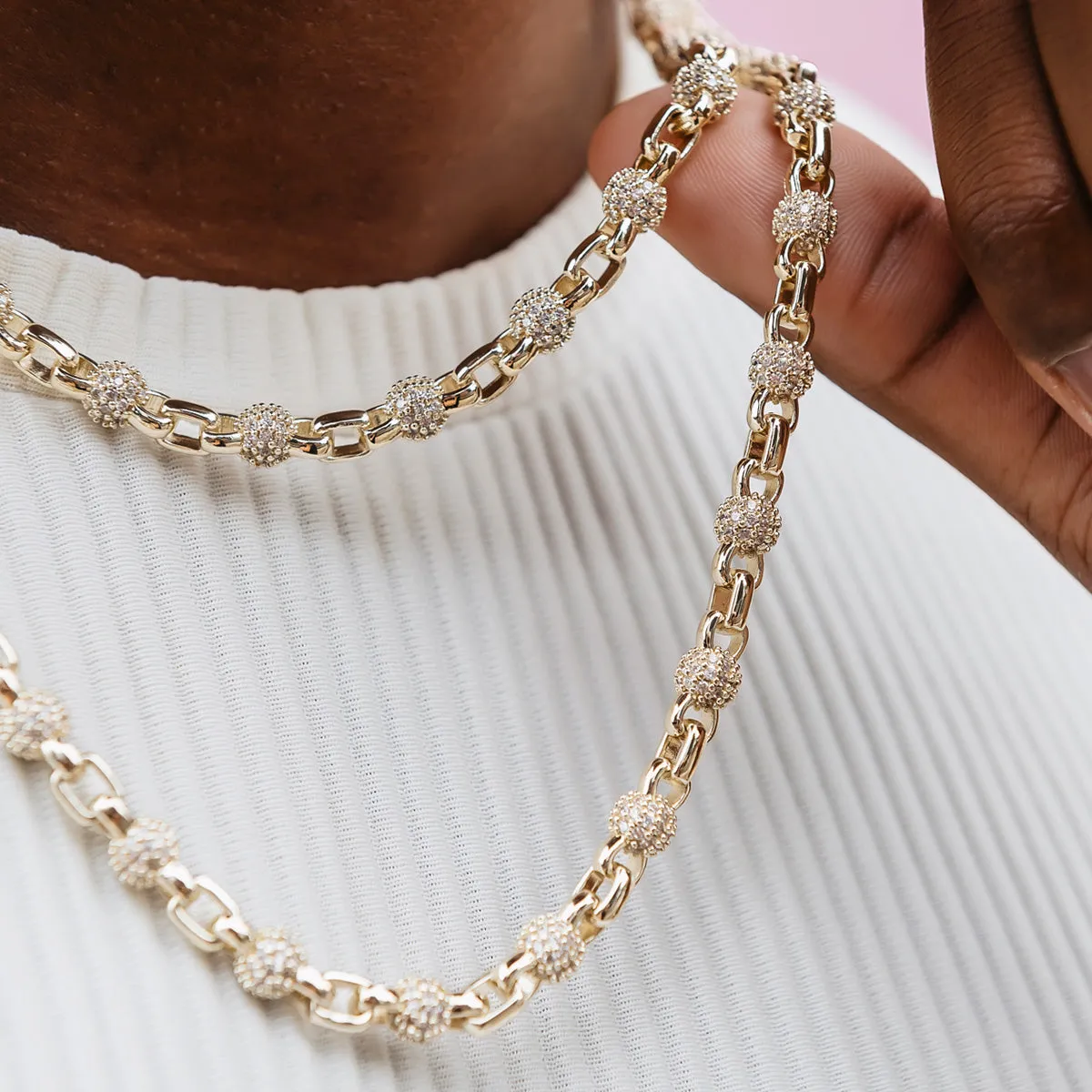 Iced Ball Box Link Chain in Yellow Gold