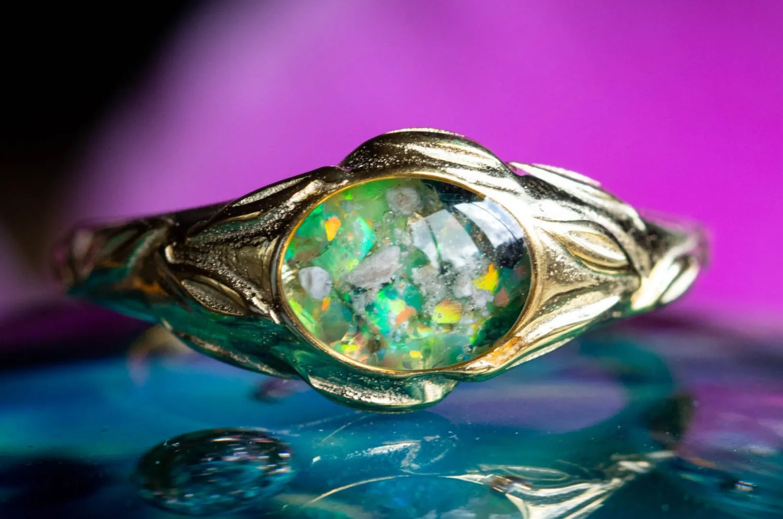 Leaf Cremation Ring with Opal