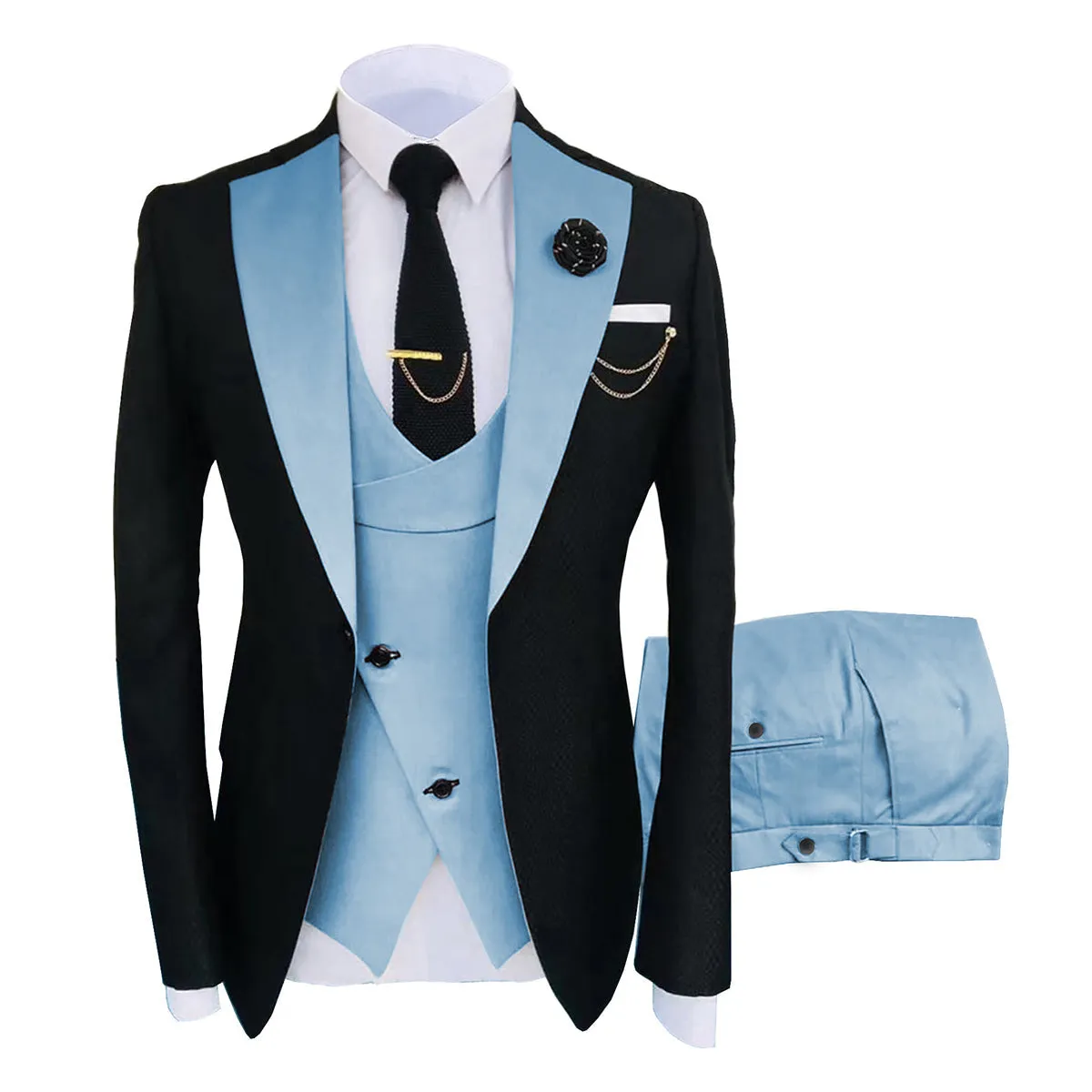 Men's 3-Piece Fashion One Button Color-Blocking Suit Light Blue