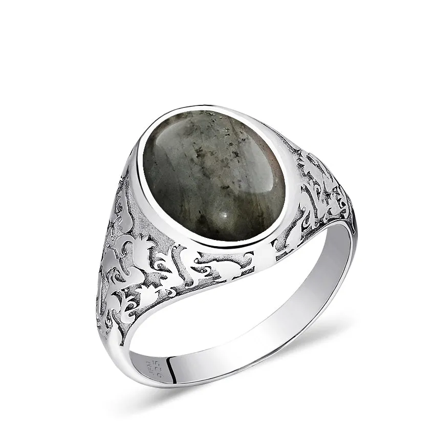 Men's Vintage Signet Ring Natural Stone in Solid Sterling Silver