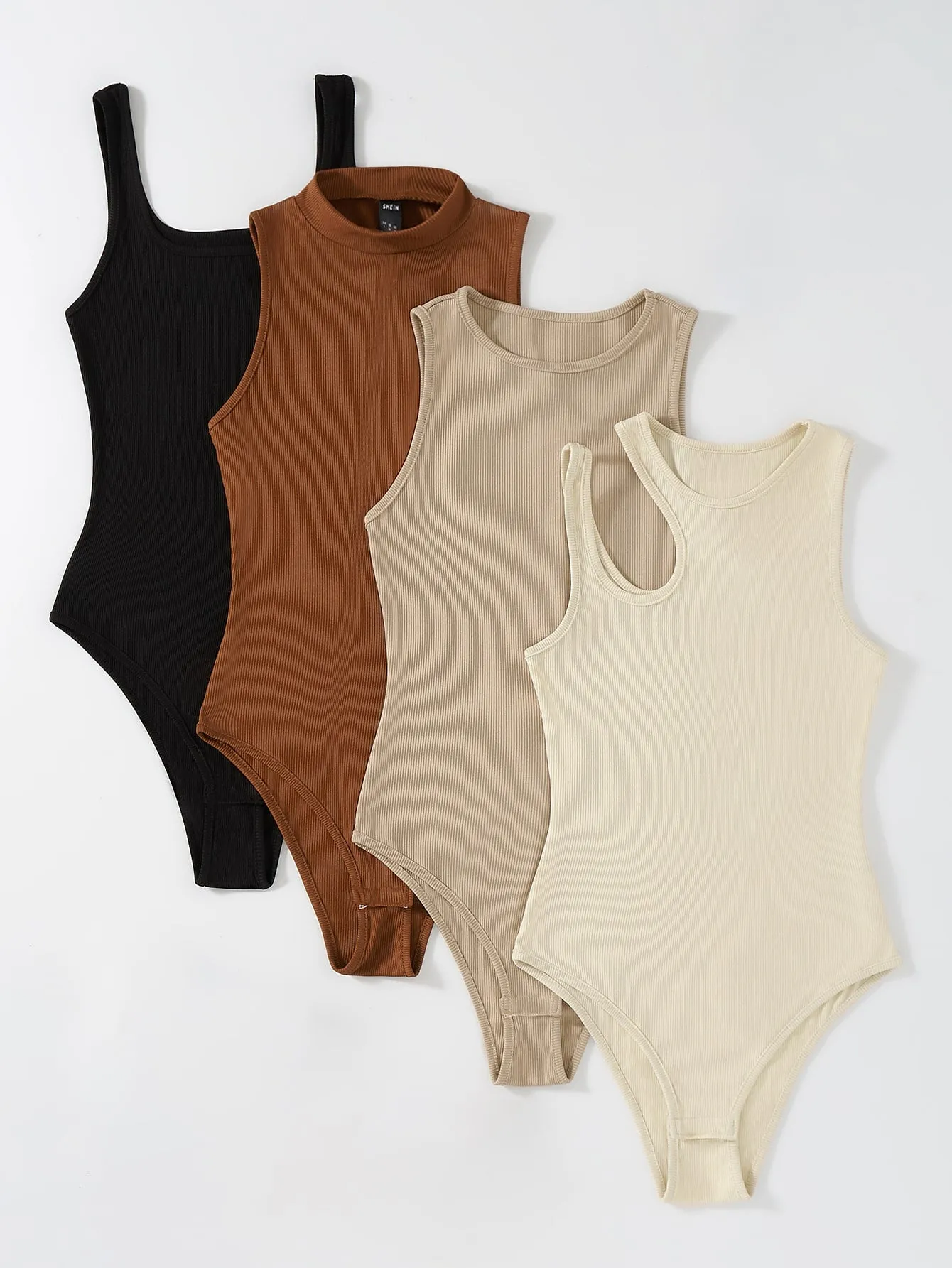 Plus 4pcs Solid Ribbed Knit Cut Out Bodysuit