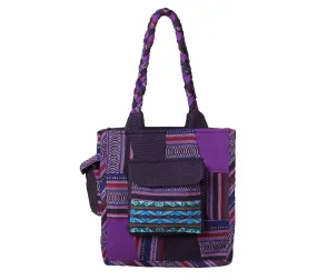 Purple Cotton Tote Bag, Hippy Design Patch Work, Braided Handles, Beach Bag