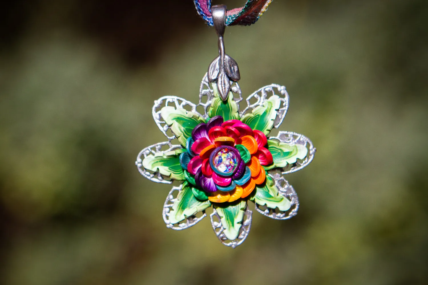 Rainbow Rose Memorial Pendant with Opals and Cremains