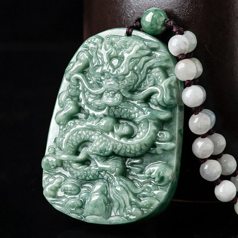 Real Grade A Natural Green Jade Jadeite Engraved Dragon Oblong 2 Sided Pendant #11-1226