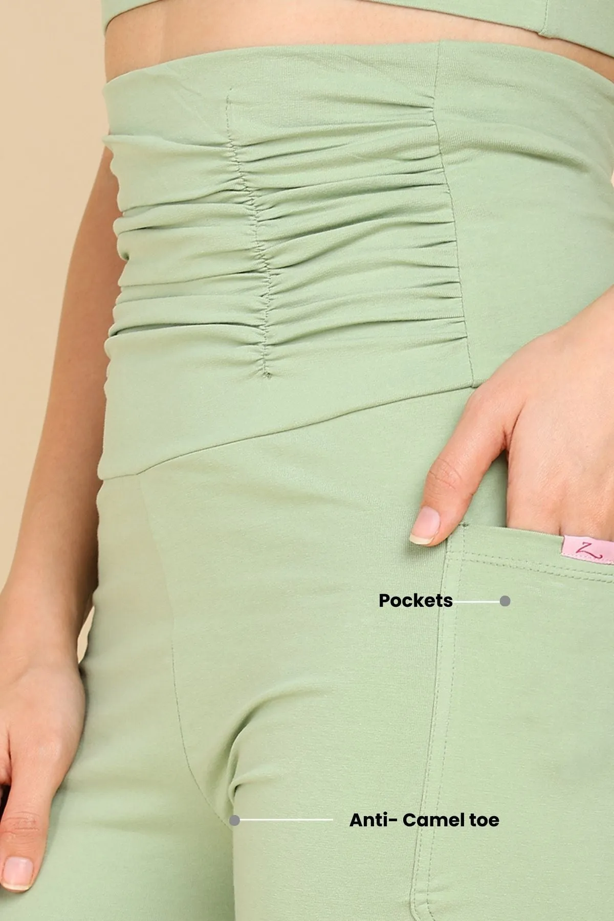 Ruched Cotton Pistachio Green Maternity Legging (Pregnancy & Postpartum)